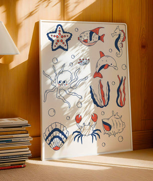 Colorful marine life illustration featuring sea creatures on a dark background