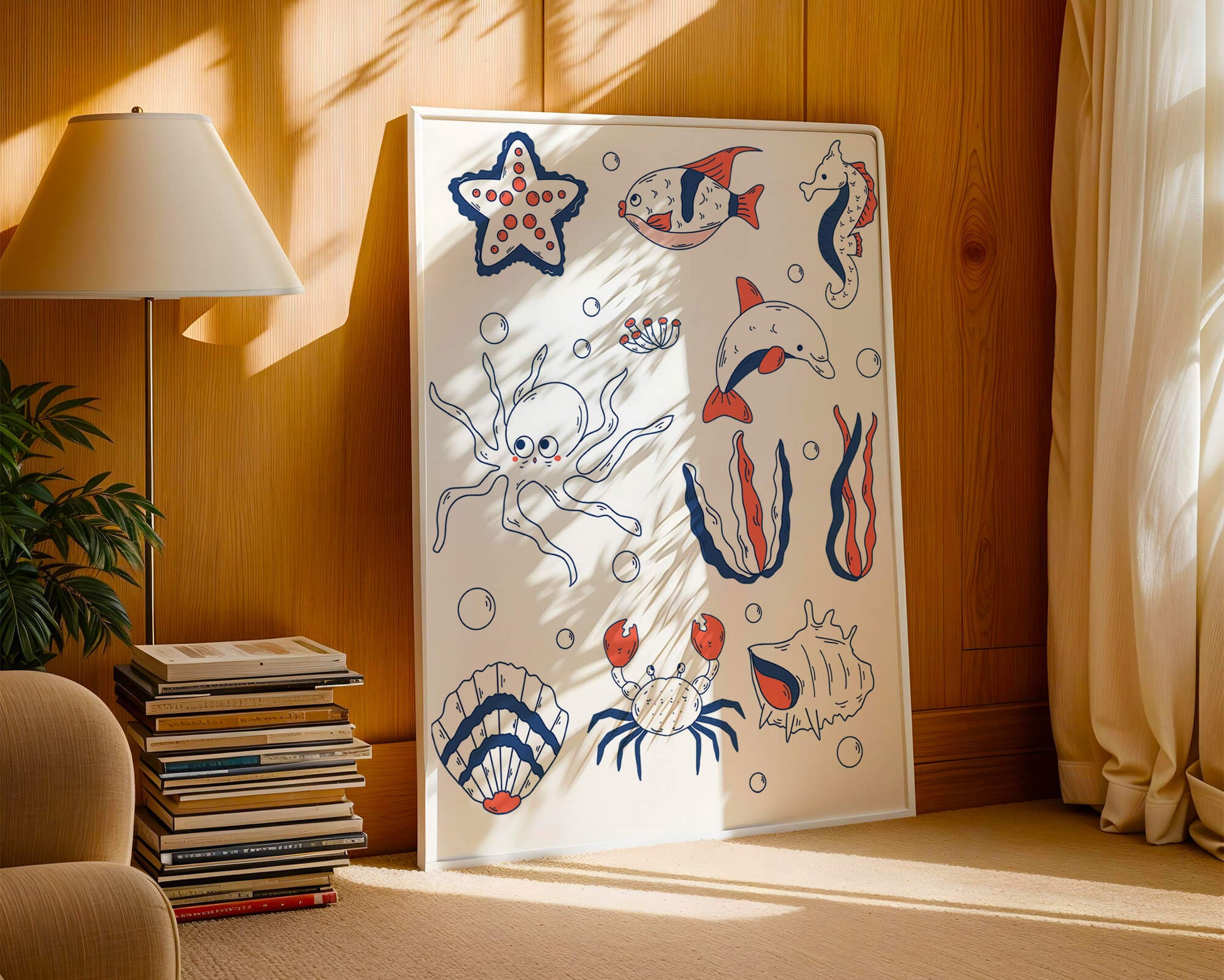 Colorful marine life illustration featuring sea creatures on a dark background