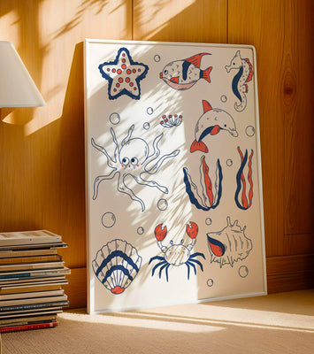 Colorful marine life illustration featuring sea creatures on a dark background