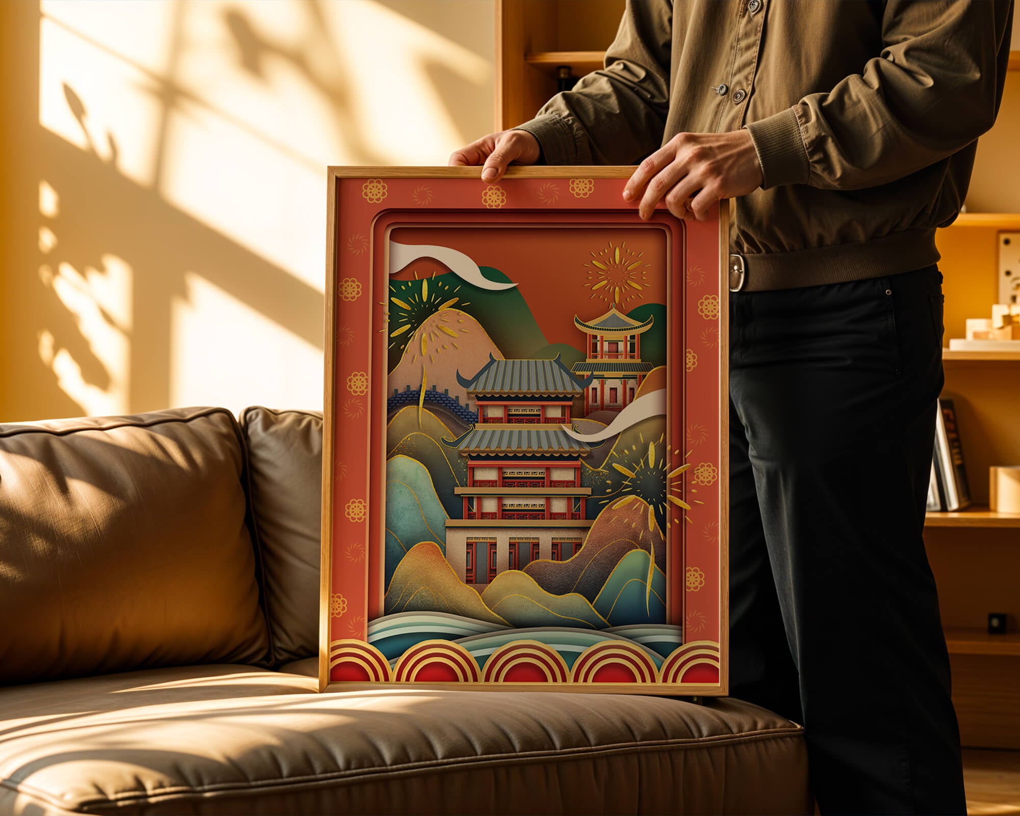 Traditional Asian architecture with fireworks and vibrant mountains