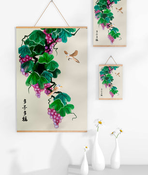 Watercolor grapevine and birds illustration with traditional art style