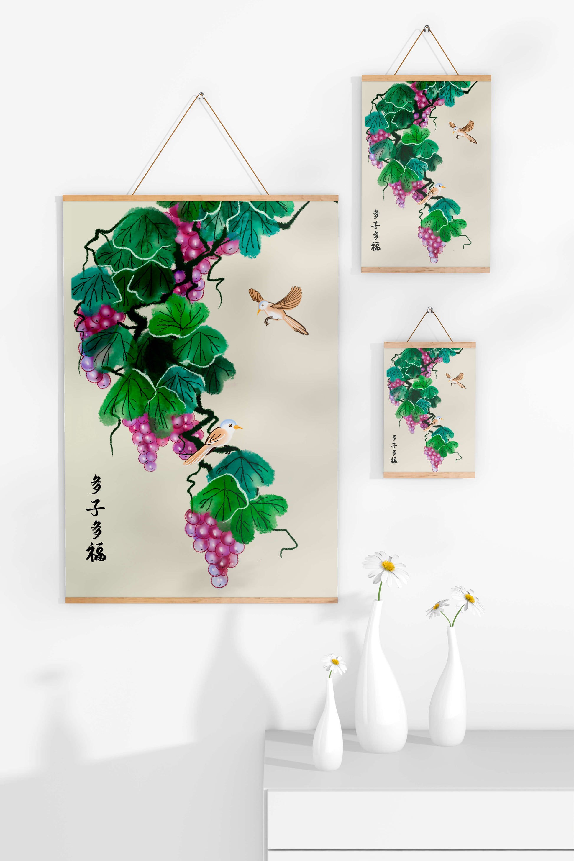 Watercolor grapevine and birds illustration with traditional art style
