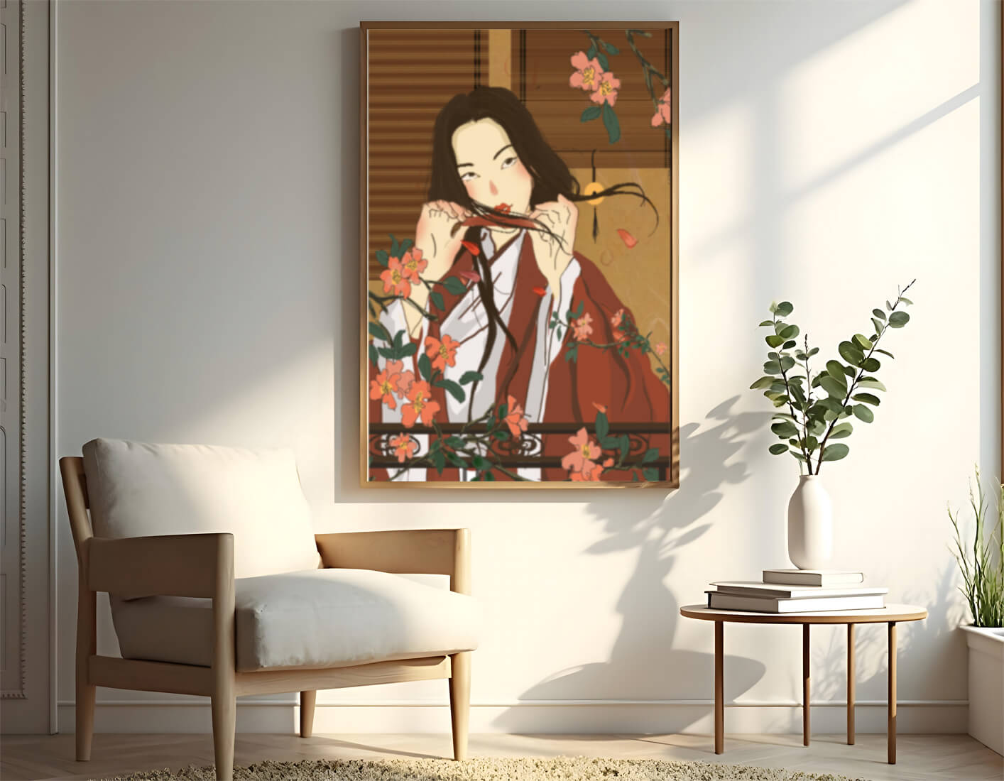 Japanerin spielt Flöte zwischen Blumen in traditioneller Umgebung