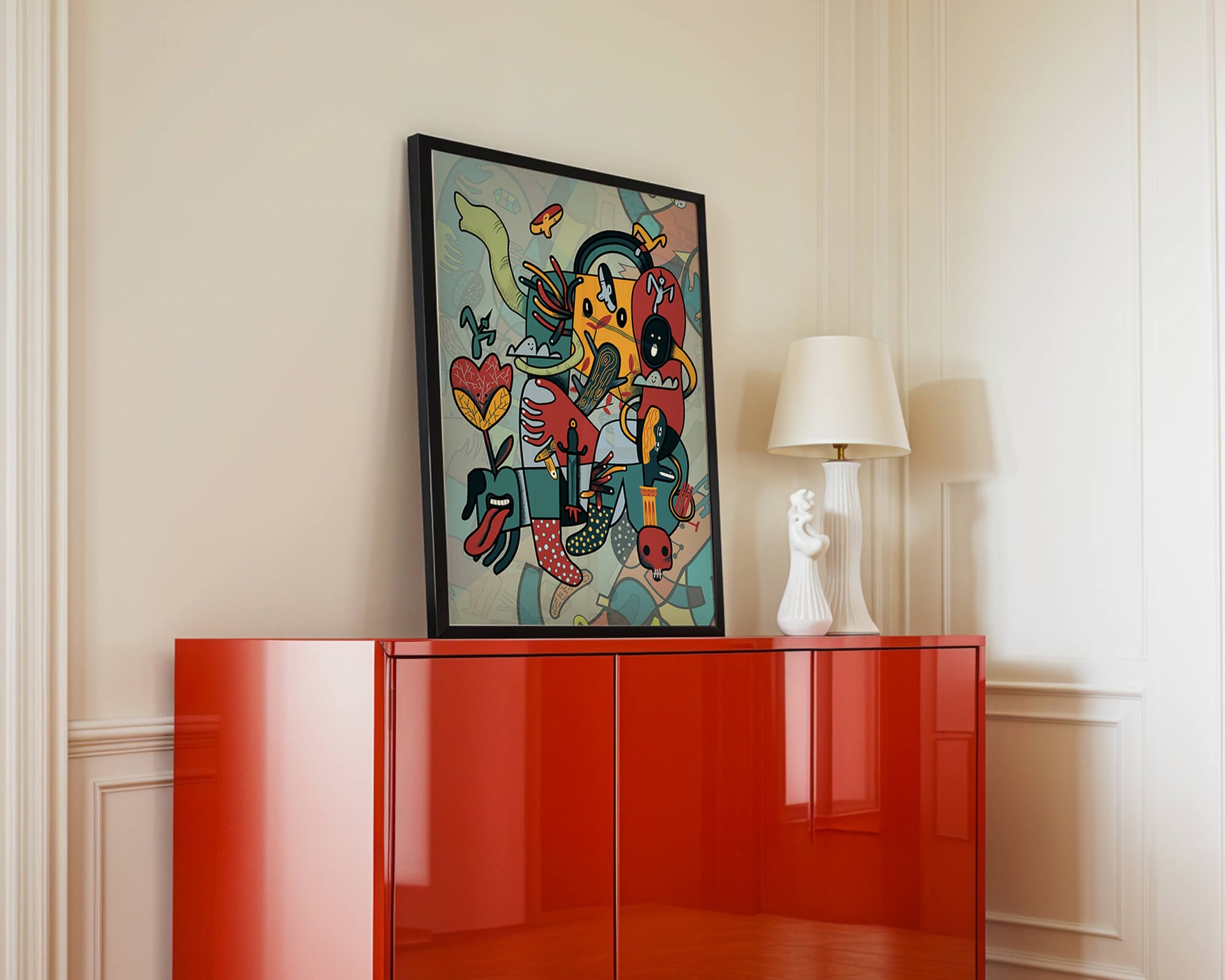 Composición artística surrealista abstracta con colores vibrantes