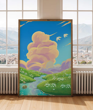 Serene landscape with rolling hills, stream, and vibrant sky