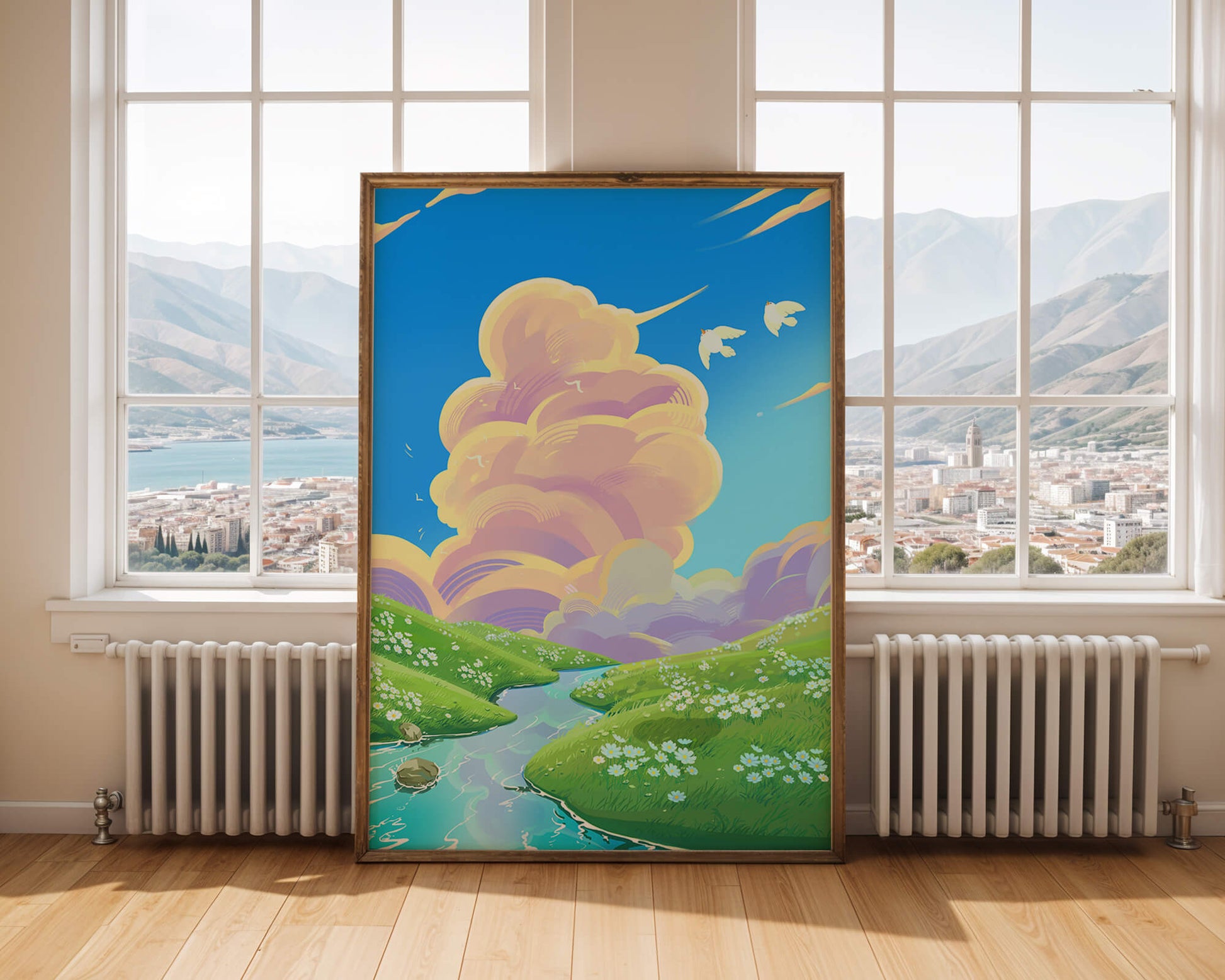 Serene landscape with rolling hills, stream, and vibrant sky