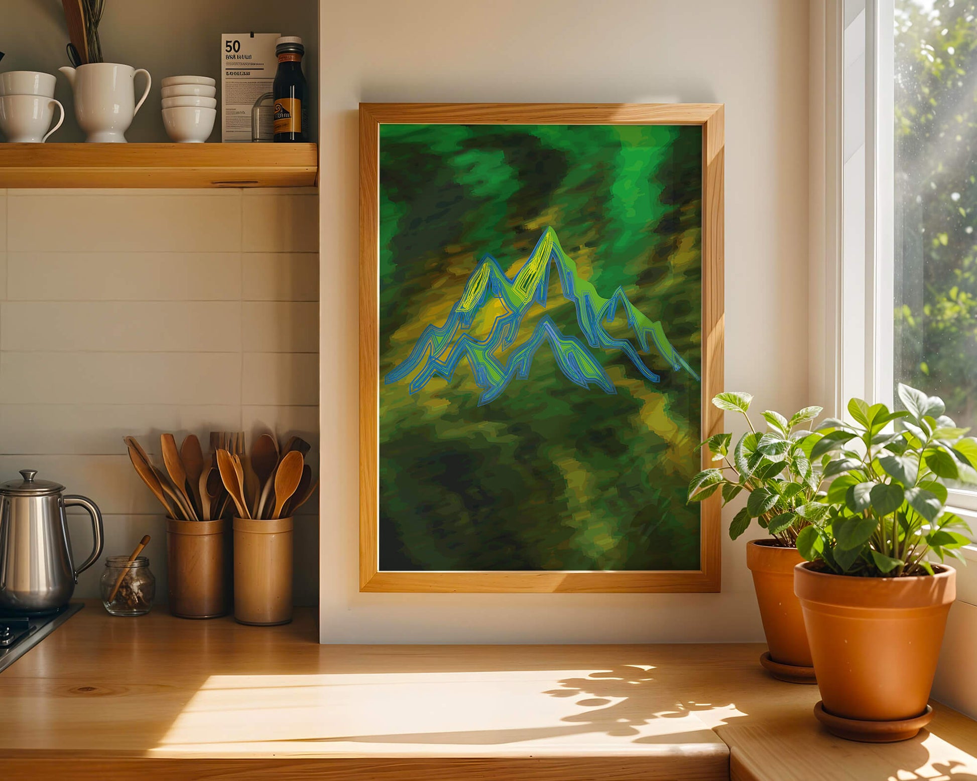 Abstract mountain landscape with vibrant colors and geometric lines