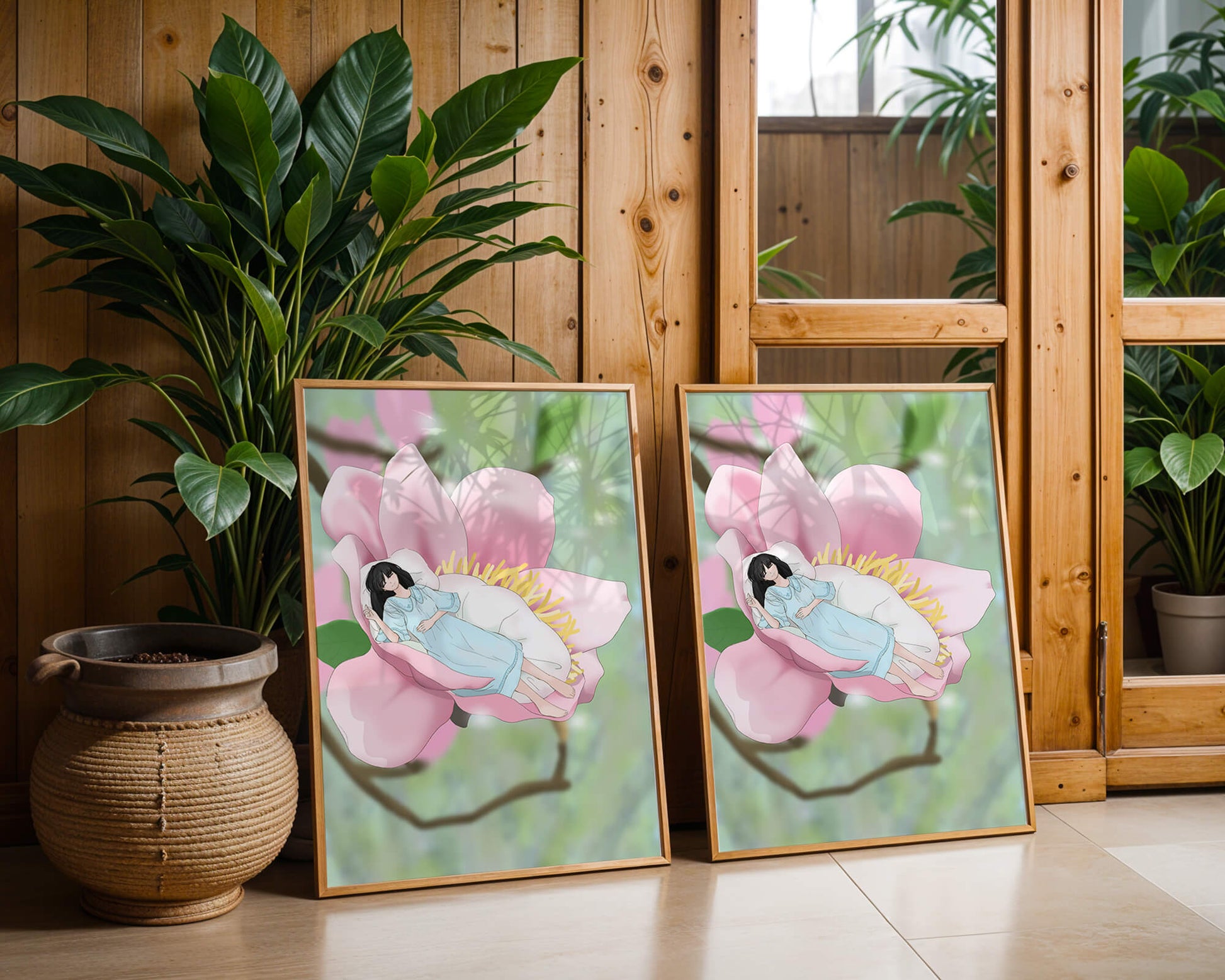 Dreamlike scene of a woman sleeping in a large pink flower