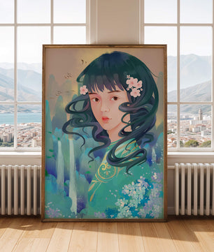 Retrato onírico de una niña con elementos florales y fondo natural