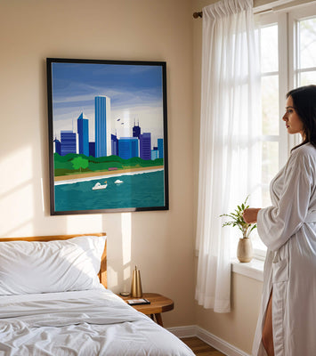 Modern cityscape with skyline and waterfront in a vibrant style