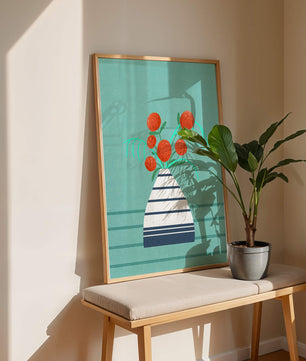 Vase with Red Flowers on a Textured Blue Background - Mi tienda