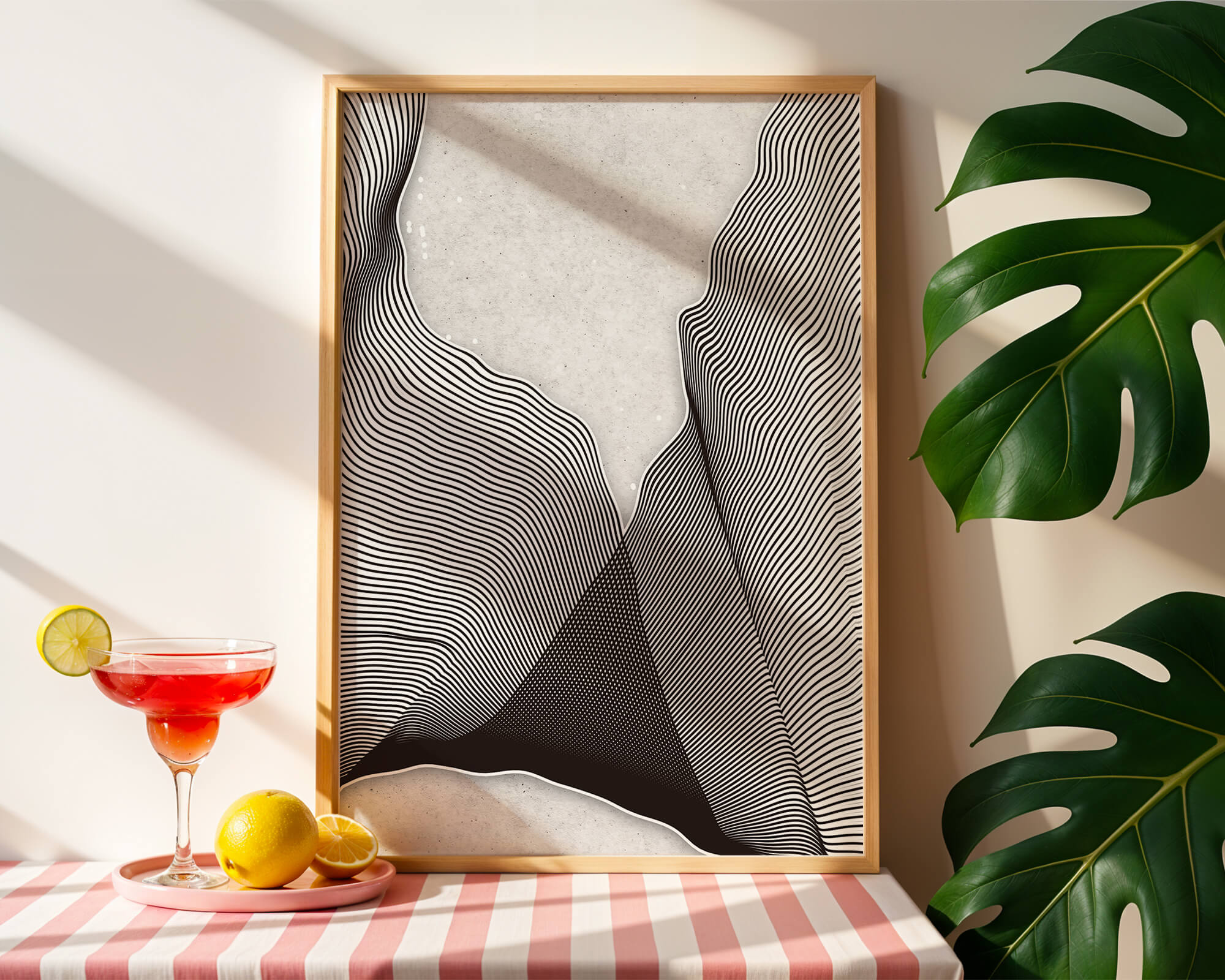 Abstract black and white wave pattern on textured background