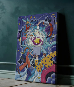 Exploration cosmique colorée avec personnages animés et formes géométriques