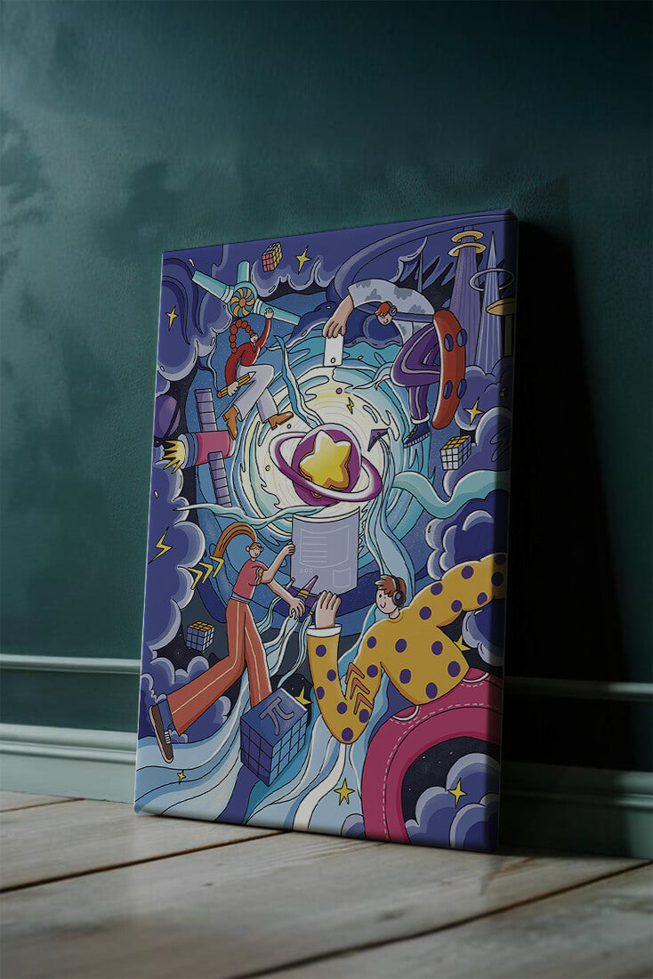 Colorful Cosmic Exploration with Animated Characters and Geometric Shapes