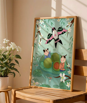 Children Playing on Lotus Leaves with Kite and Cherry Blossoms