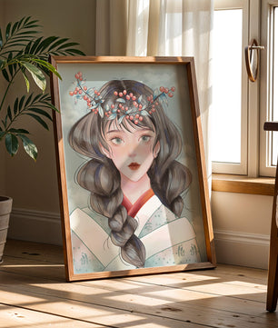 Illustration d'une jeune femme avec une coiffe florale sur fond de ciel nuageux