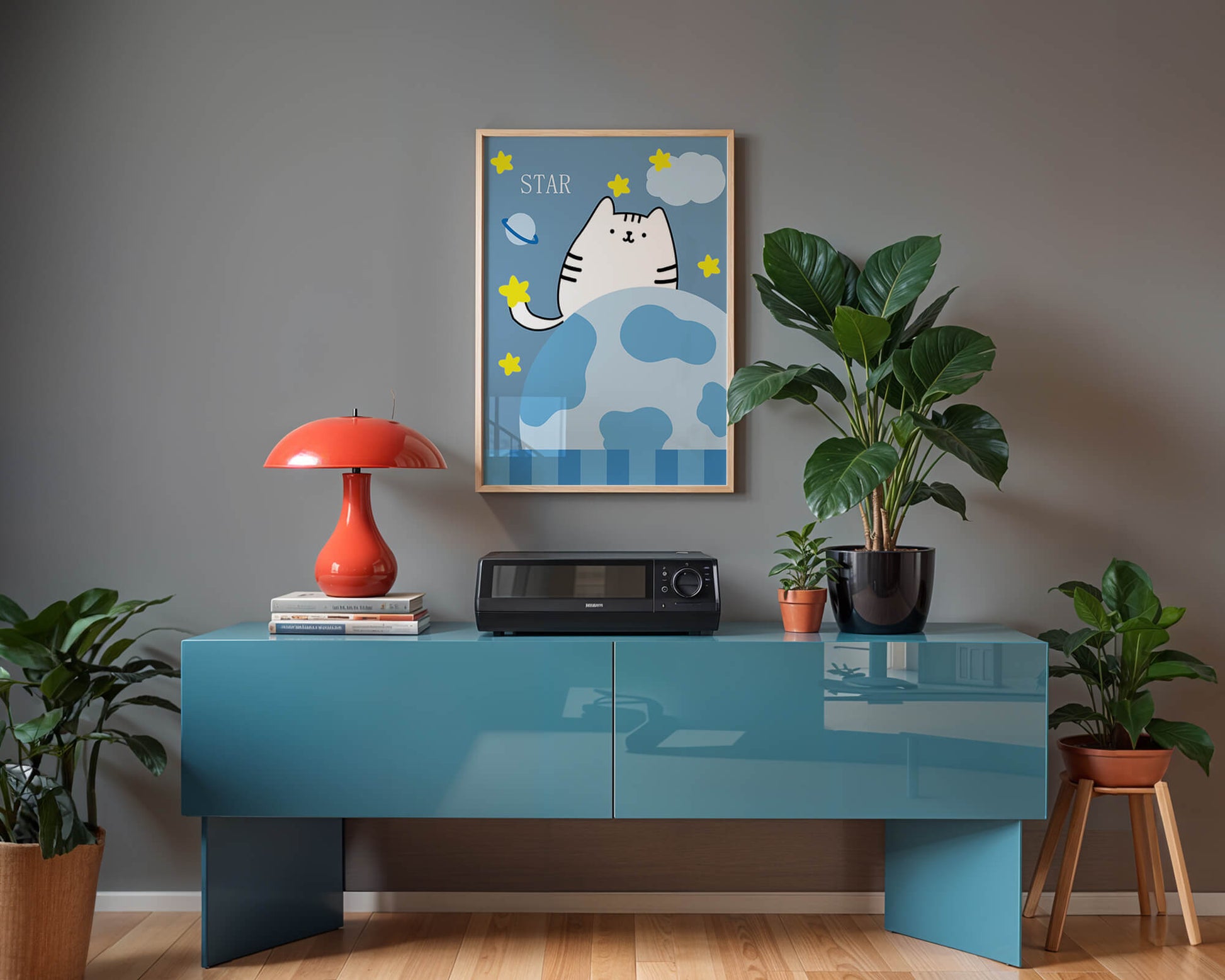 Illustration of a cute cat in space with stars and planets