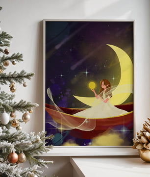 Enchanted night scene with a fairy on a crescent moon