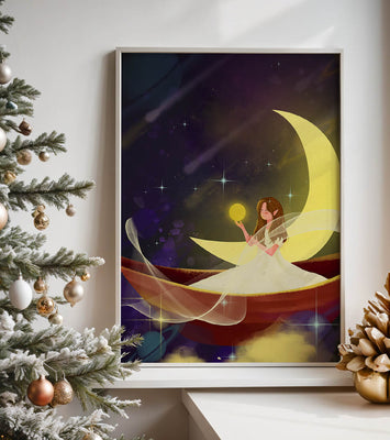 Enchanted night scene with a fairy on a crescent moon