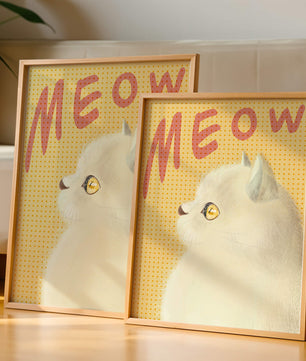 Profile View of a White Cat with Meow Text on Yellow Background