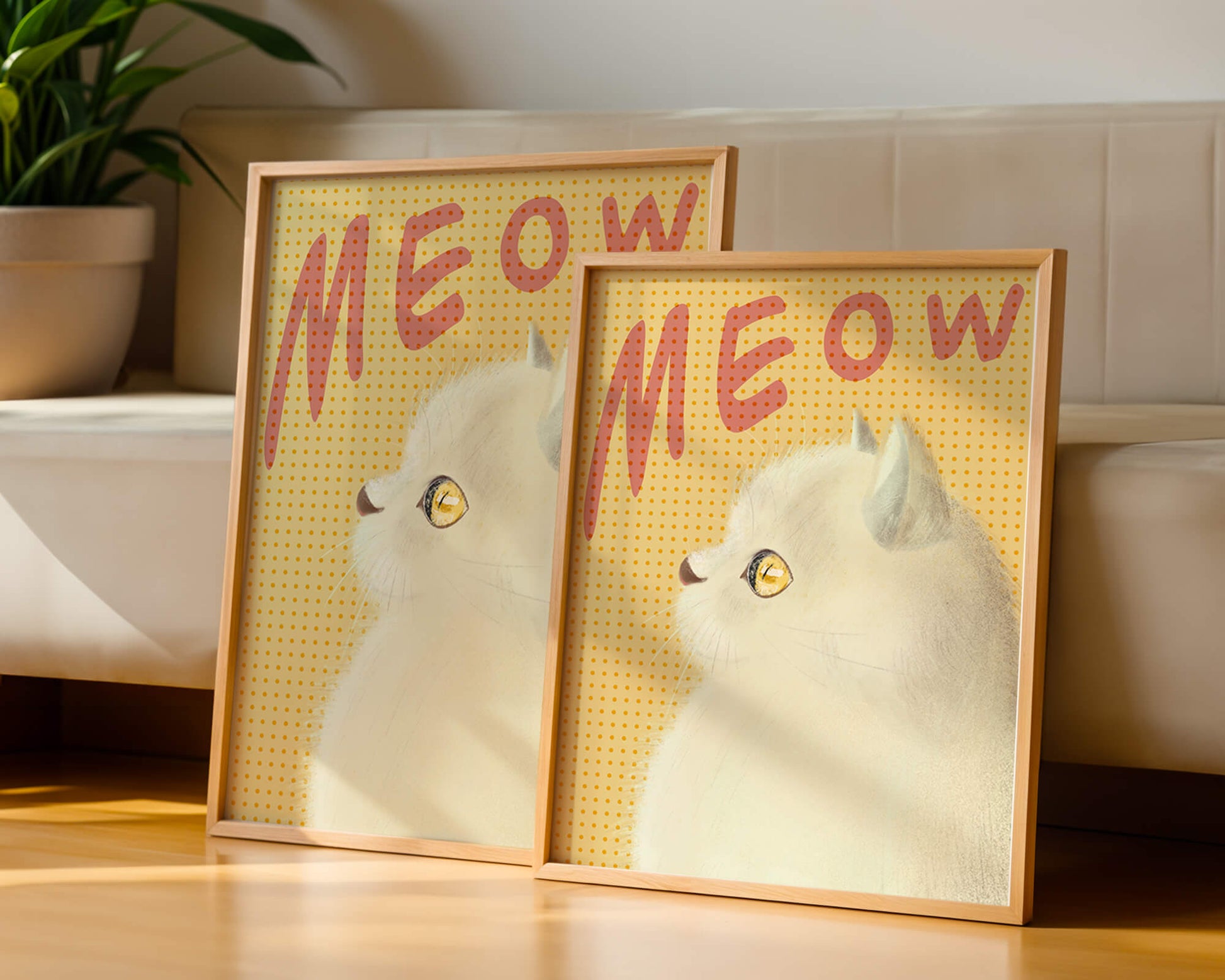 Profile View of a White Cat with Meow Text on Yellow Background