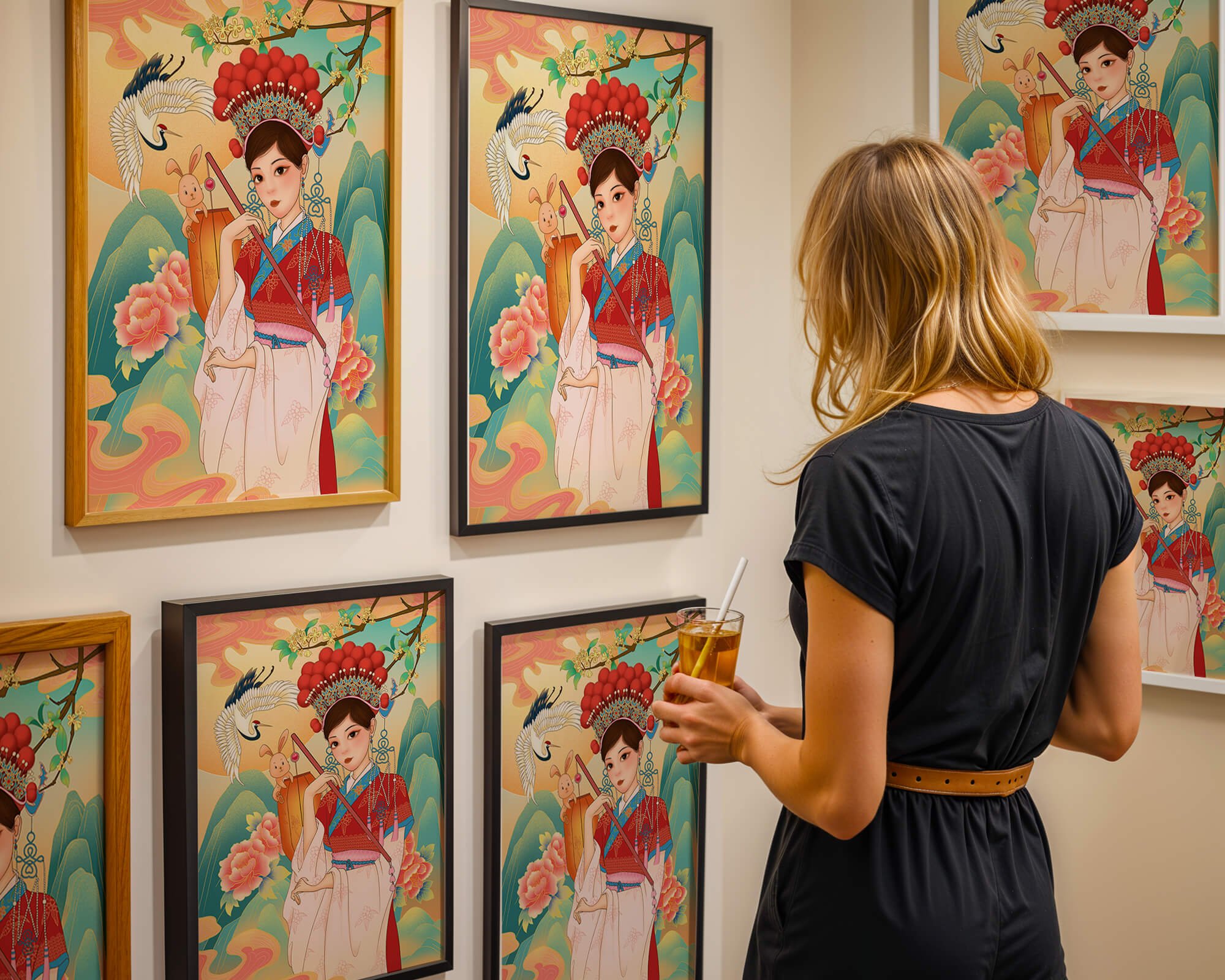 Elegant traditional Chinese illustration featuring a woman in vibrant attire with floral and animal motifs