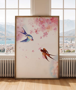 Pájaros coloridos y flores rosadas en una escena primaveral acuarelada