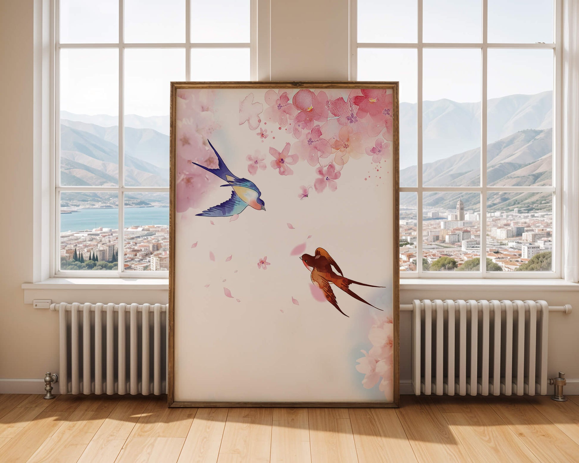 Pájaros coloridos y flores rosas en una escena primaveral de acuarela