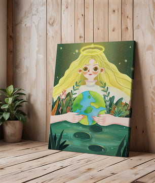 Illustration de la nature paisible avec une figure céleste tenant la Terre