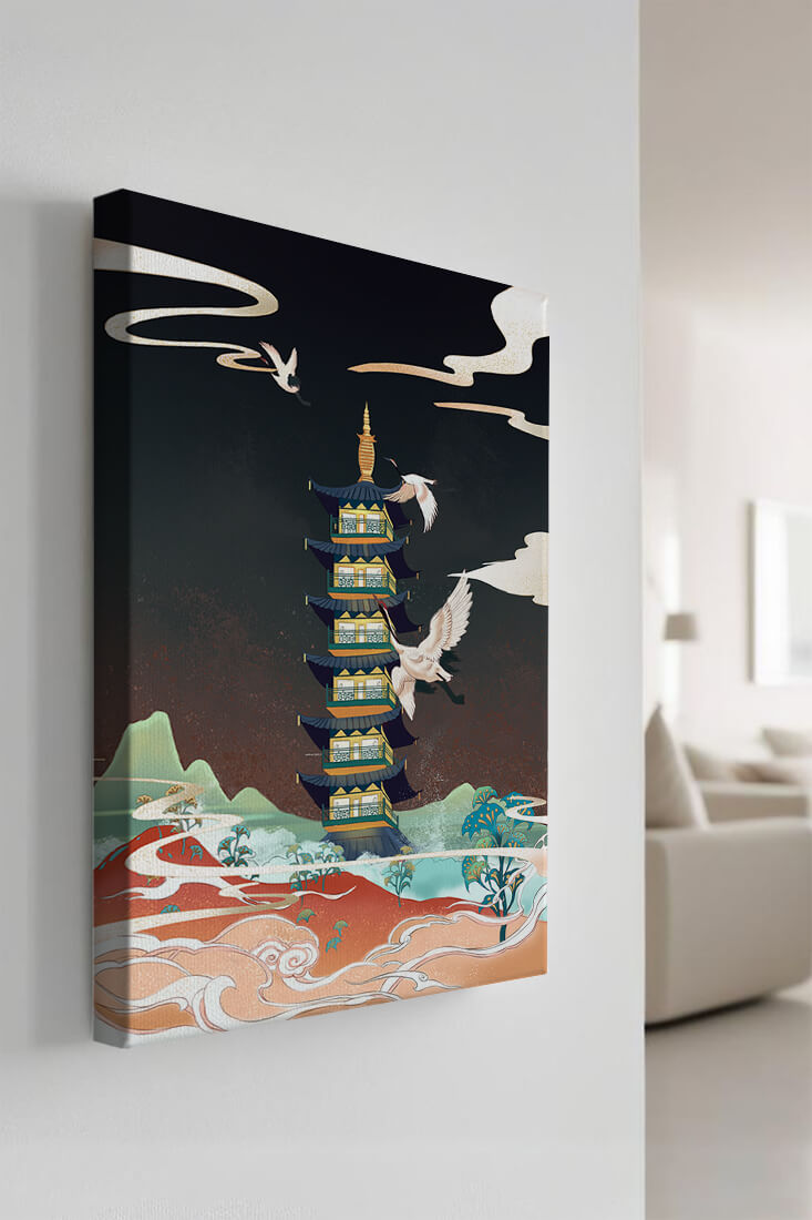 Illustrated scene of traditional pagoda with cranes in colorful landscape
