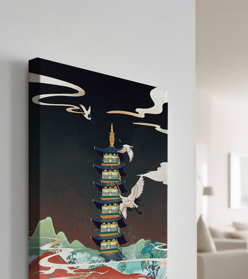 Illustrated scene of traditional pagoda with cranes in colorful landscape