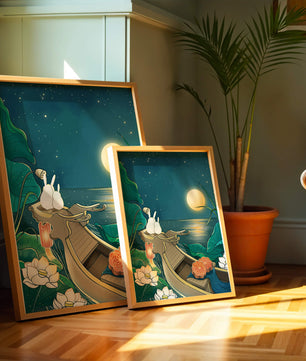 Ilustración serena de conejos contemplando una luna brillante sobre un lago tranquilo