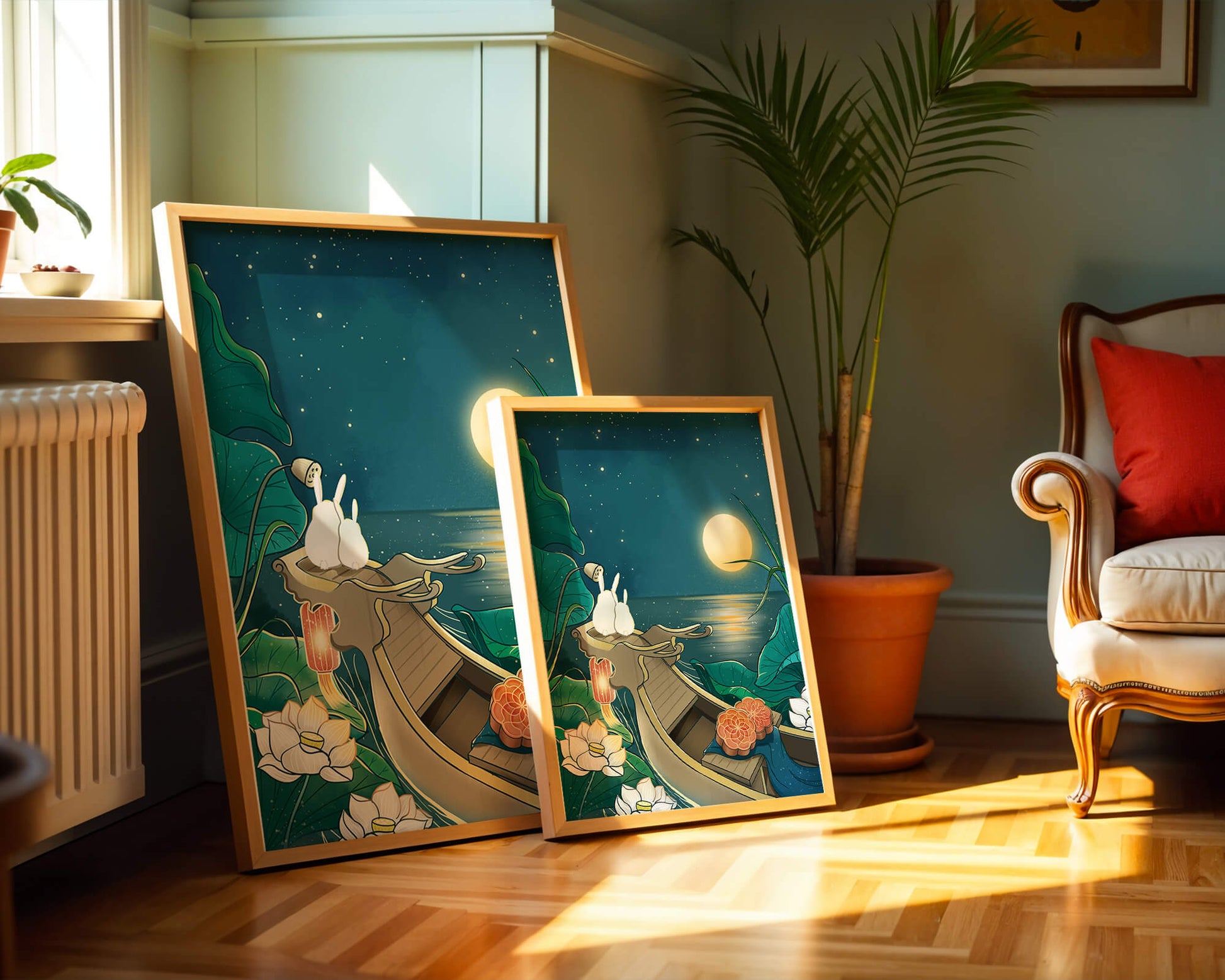 Serene illustration of rabbits gazing at a bright moon on a tranquil lake