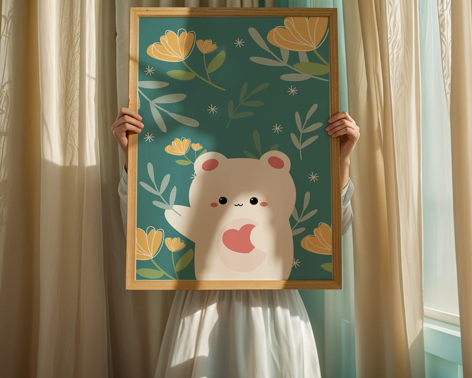 Adorable bear with heart surrounded by whimsical floral elements