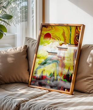 Abstract Landscape with Swirling Colors and Red Sun