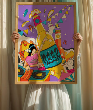 Vibrant Party Scene with DJ and Cartoon Characters