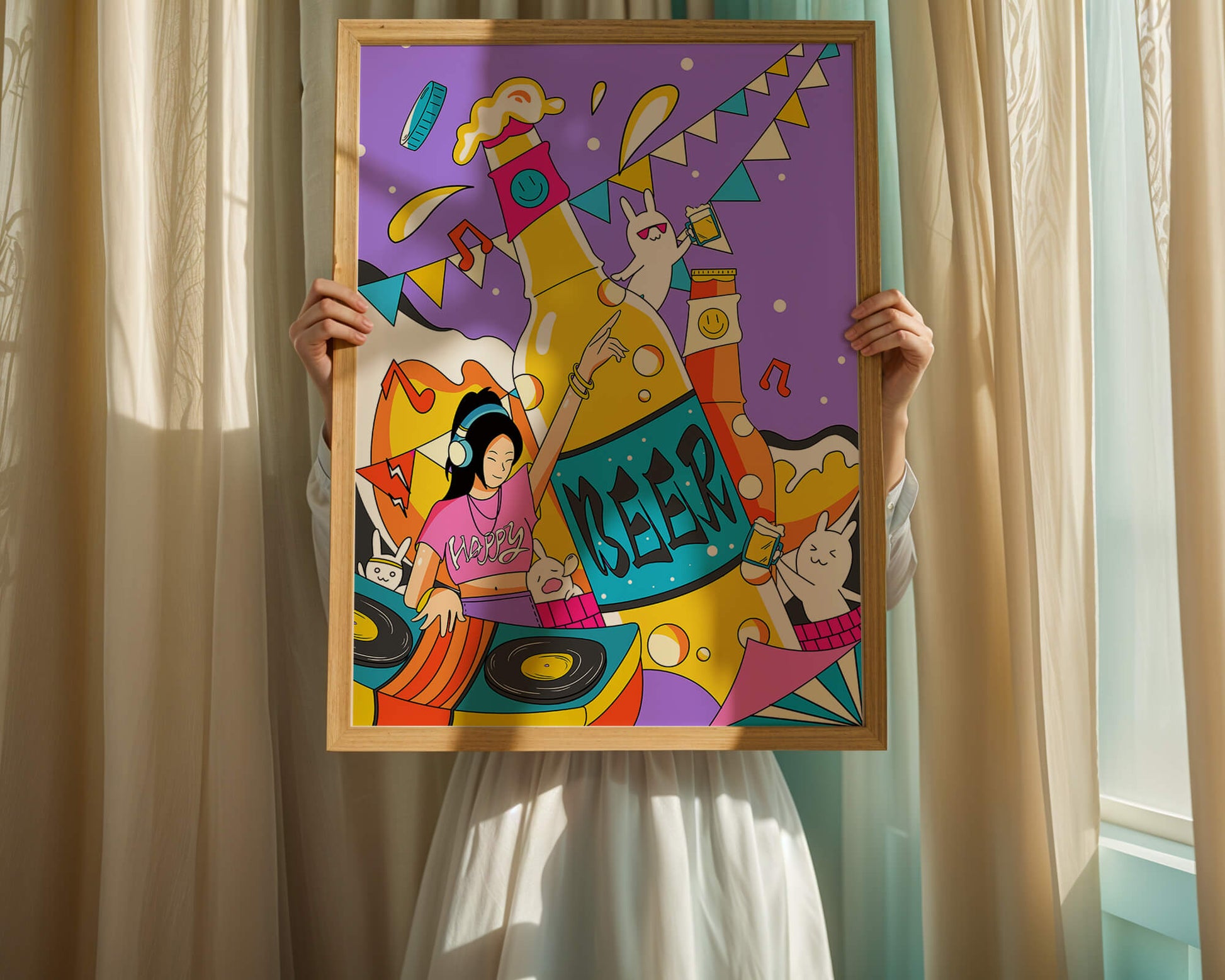 Vibrant Party Scene with DJ and Cartoon Characters