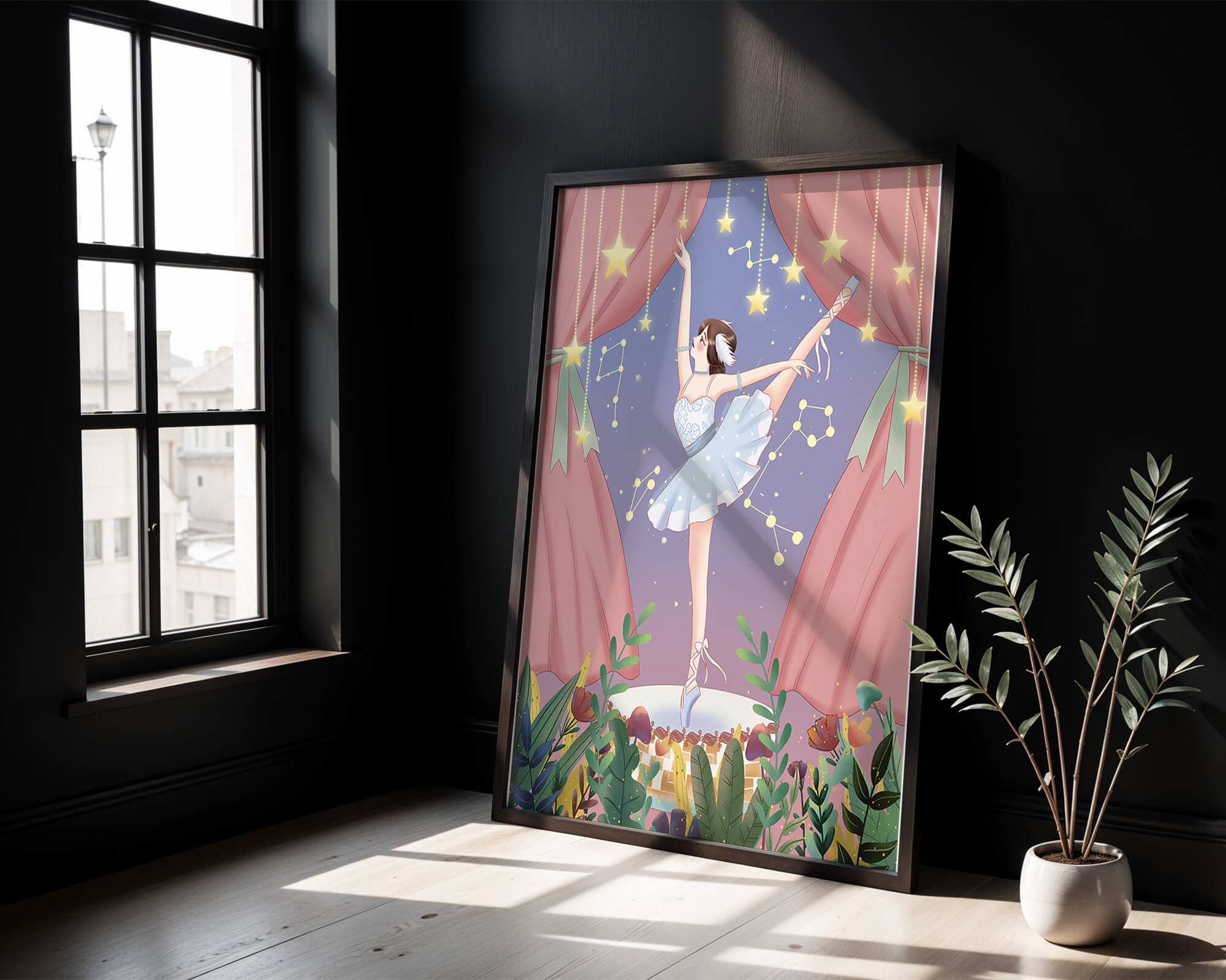 Graceful ballerina performing under starry sky on stage