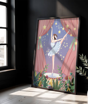 Graceful ballerina performing under starry sky on stage