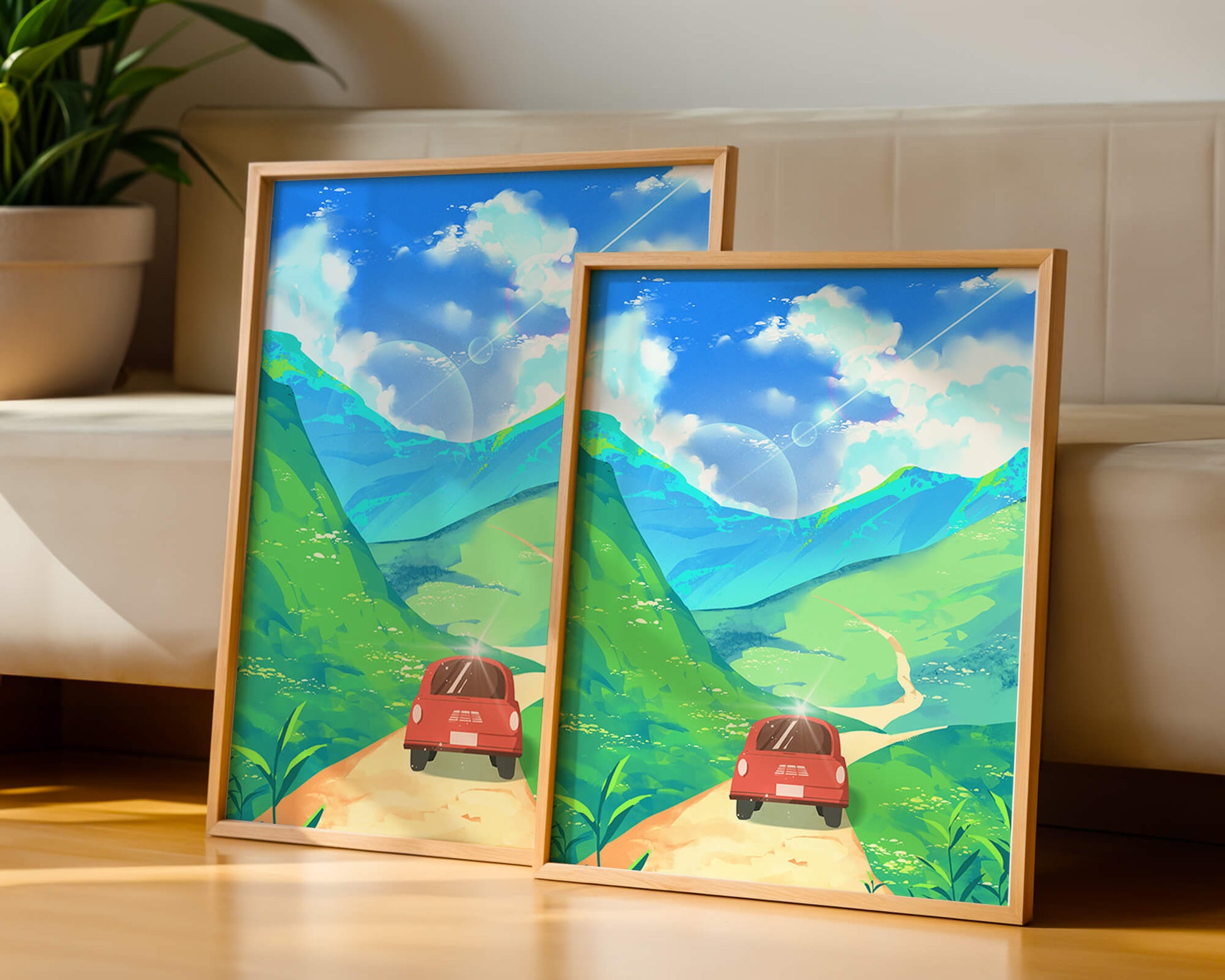 Red Car on a Scenic Road Through Green Hills Under a Vibrant Blue Sky