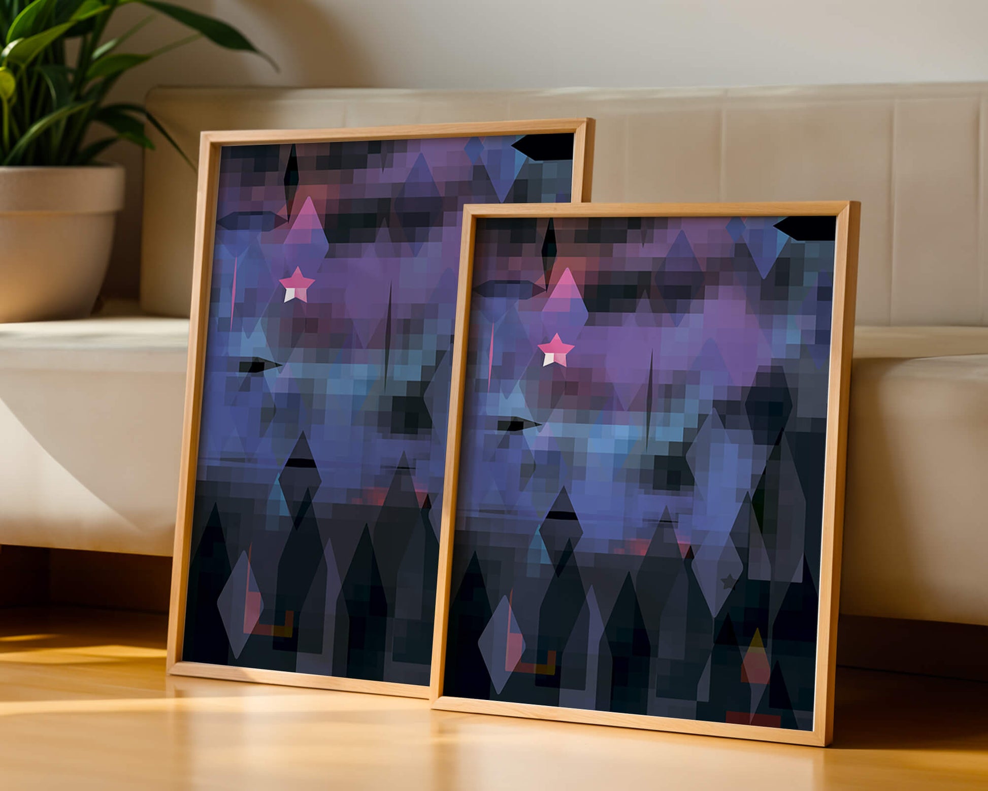 Geometrische abstrakte Kunst in lebhaften Blau- und Lilatönen