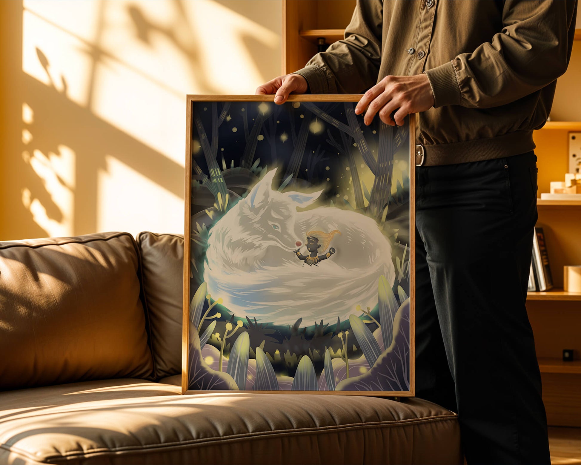 Whimsical forest scene with a sleeping wolf and a mysterious figure at night
