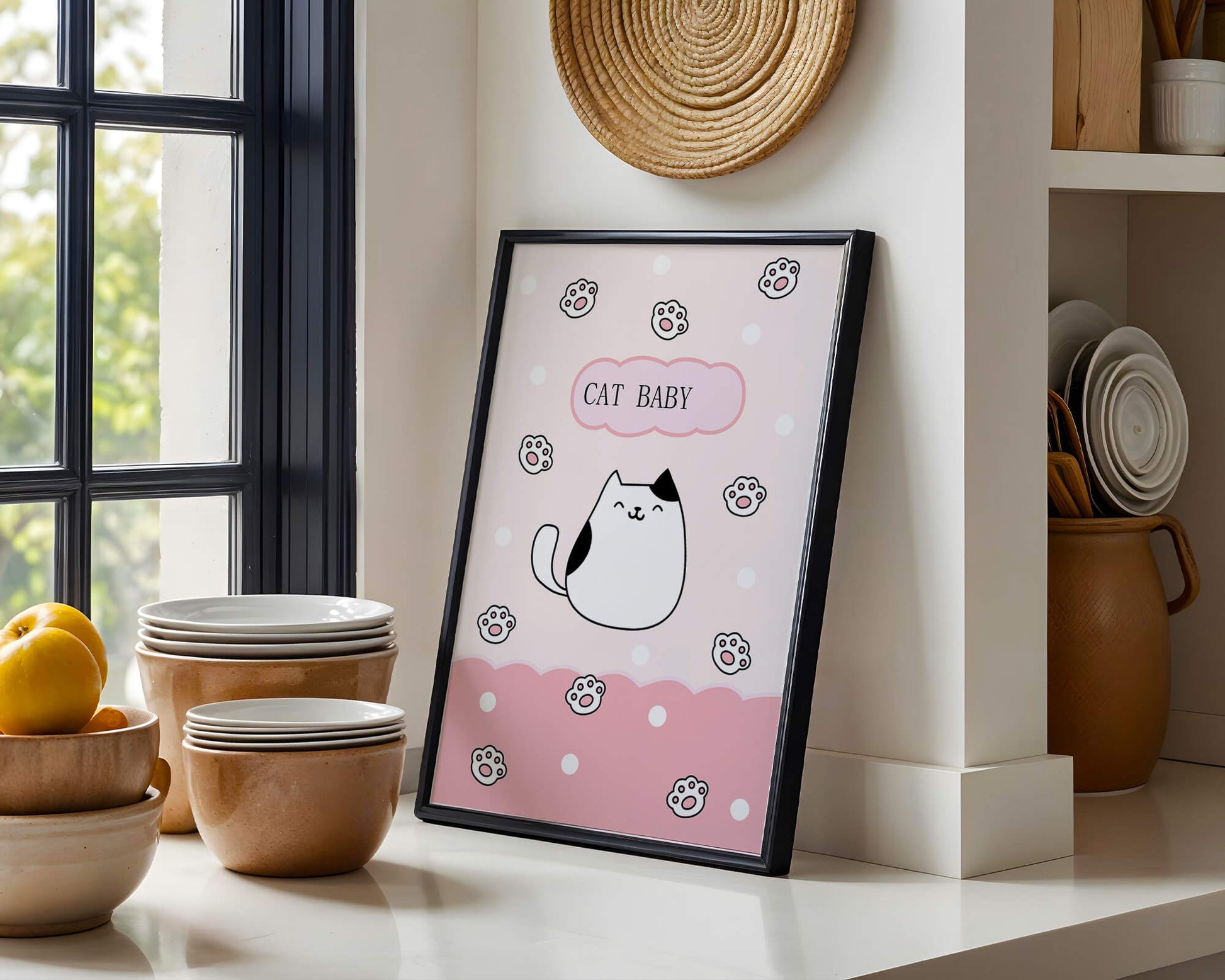 Adorable cat baby illustration with cute paw prints and polka dots