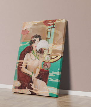 Œuvre d'art élégante d'inspiration asiatique vintage représentant une femme avec un éventail