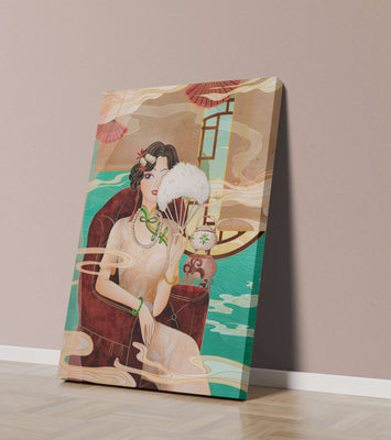 Elegant vintage Asian-inspired artwork featuring a woman with a fan