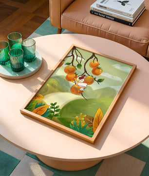 Femme assise sur un fruit orange dans un paysage surréaliste