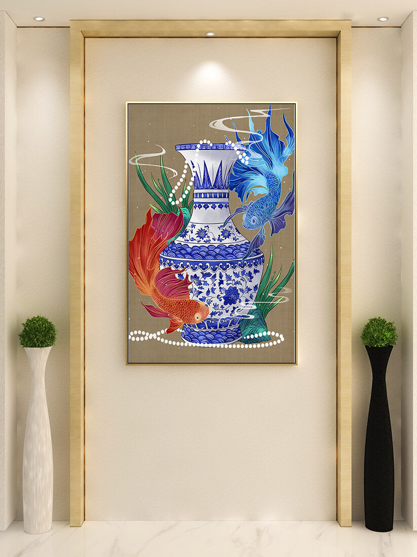 Elegant ceramic vase with vibrant fish and floral design