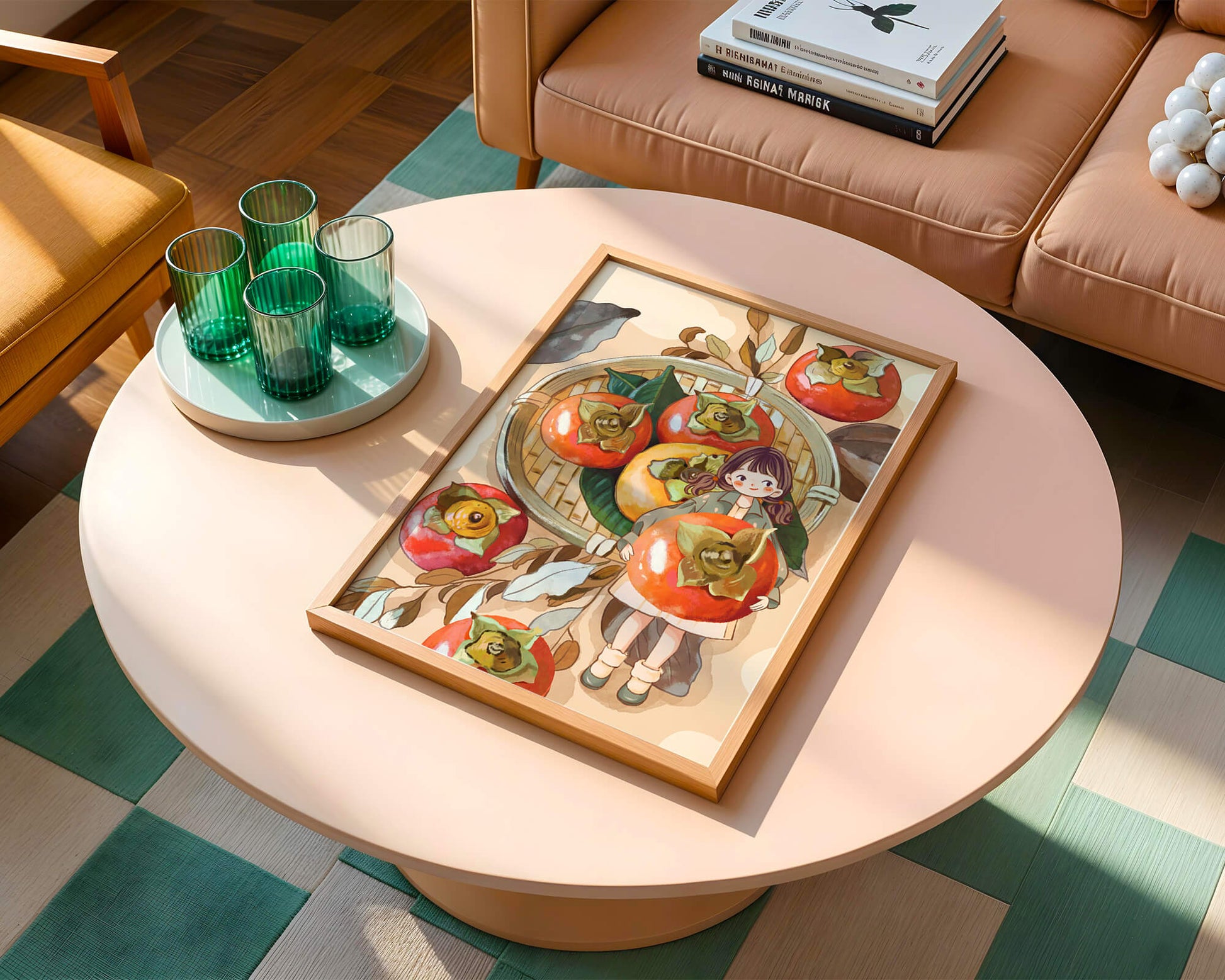 Joven sosteniendo un dátil en una escena de cosecha caprichosa