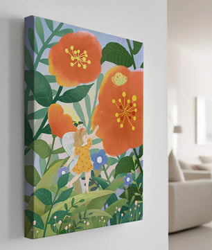 Whimsical illustration of a fairy child in a vibrant floral landscape