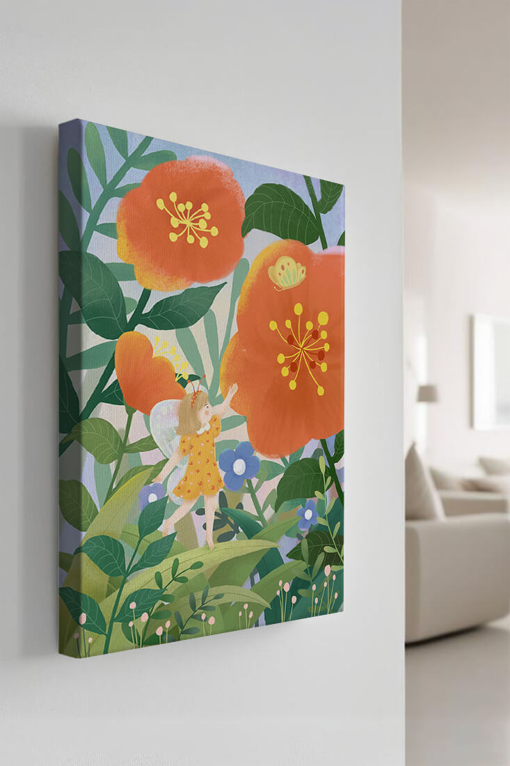 Whimsical illustration of a fairy child in a vibrant floral landscape